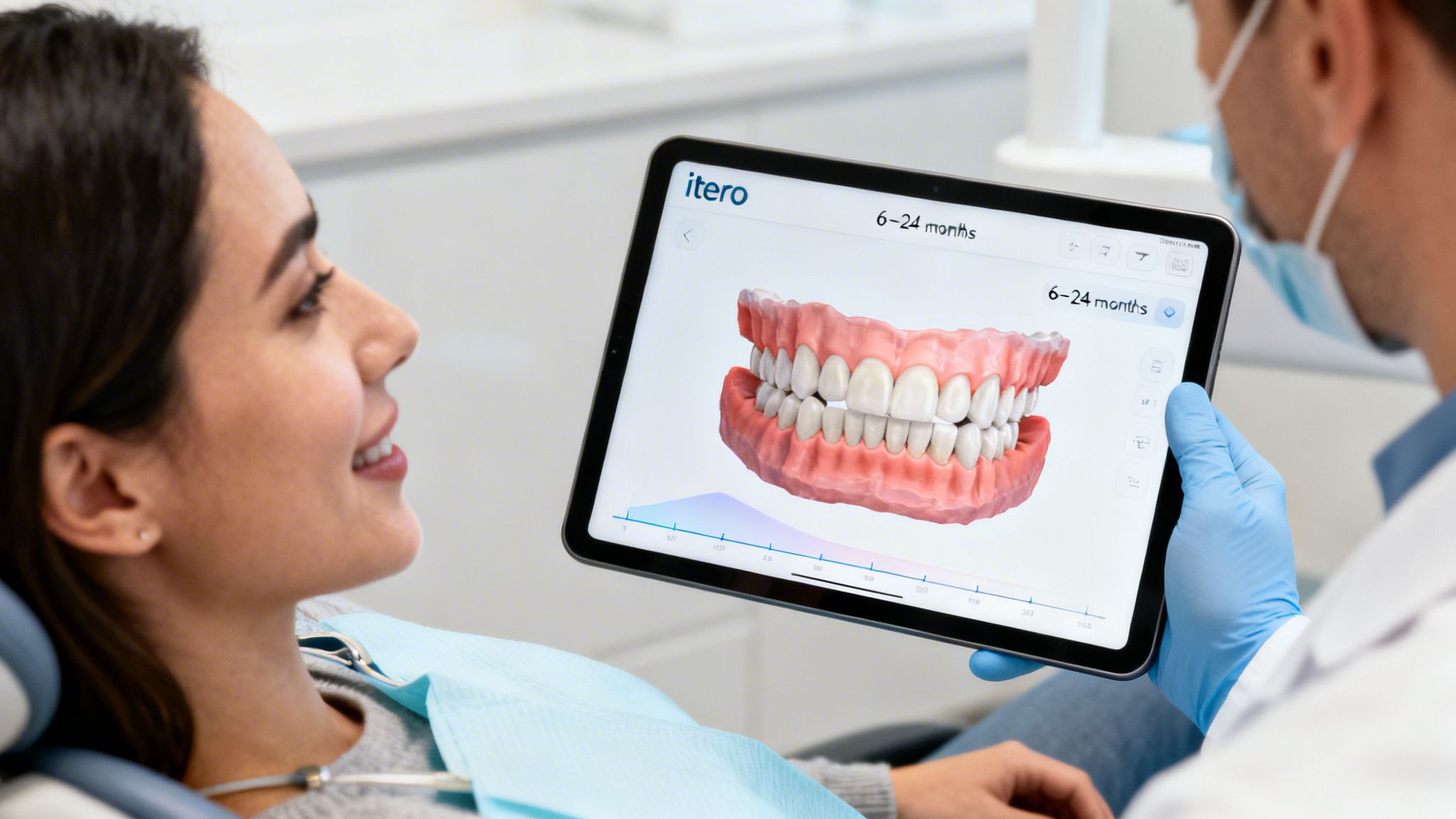 Dentist showing a patient a 3D scan of teeth and gums on an iTero tablet.
