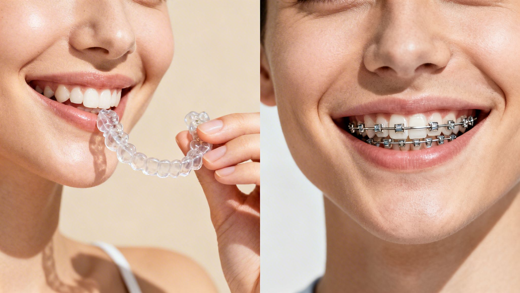 Two smiling individuals showcasing different orthodontic treatments: clear aligners and traditional metal braces.