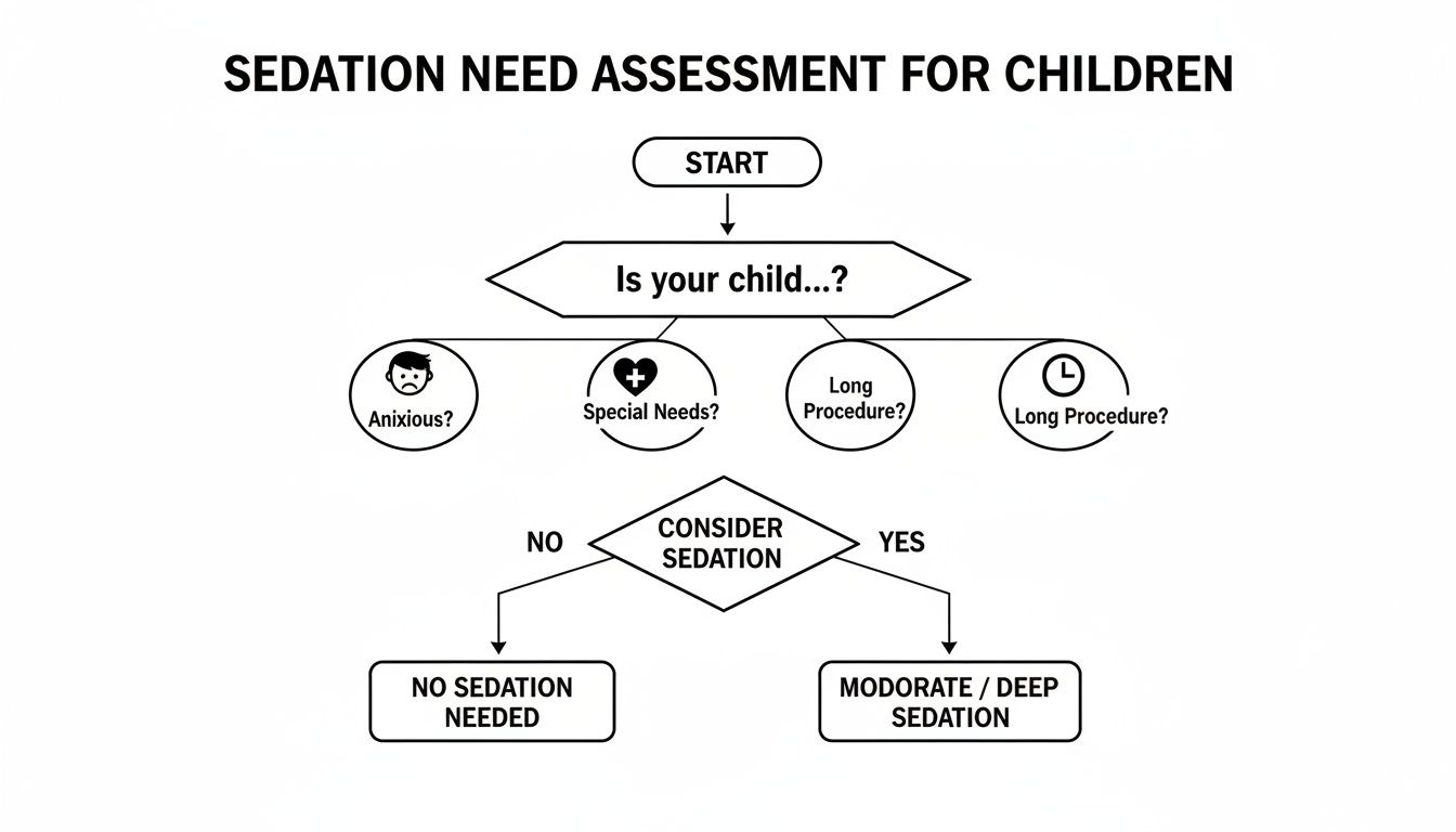 Flowchart for pediatric sedation need assessment, considering anxiety, special needs, and procedure length.