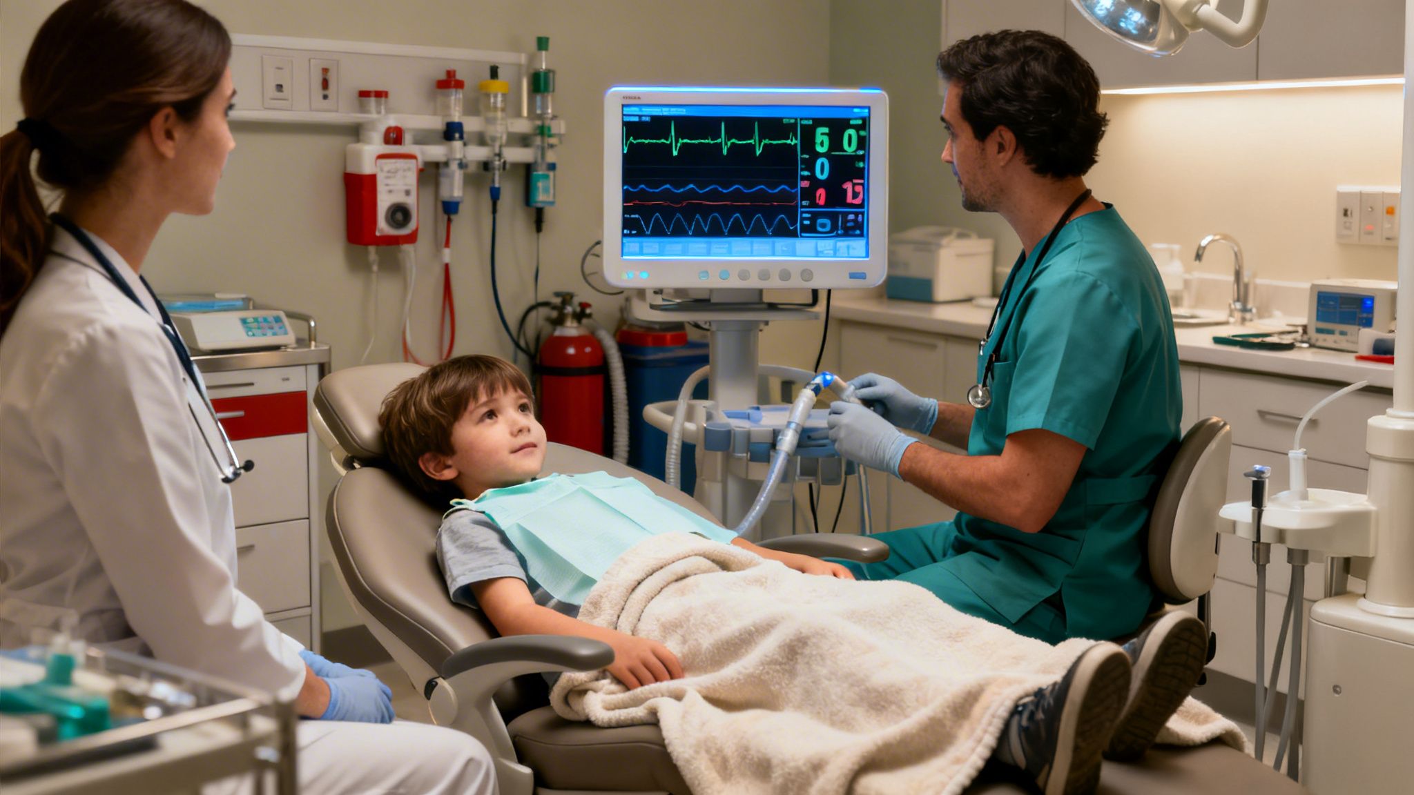 Medical professionals attend to a calm young boy in a dental chair during a pediatric procedure.