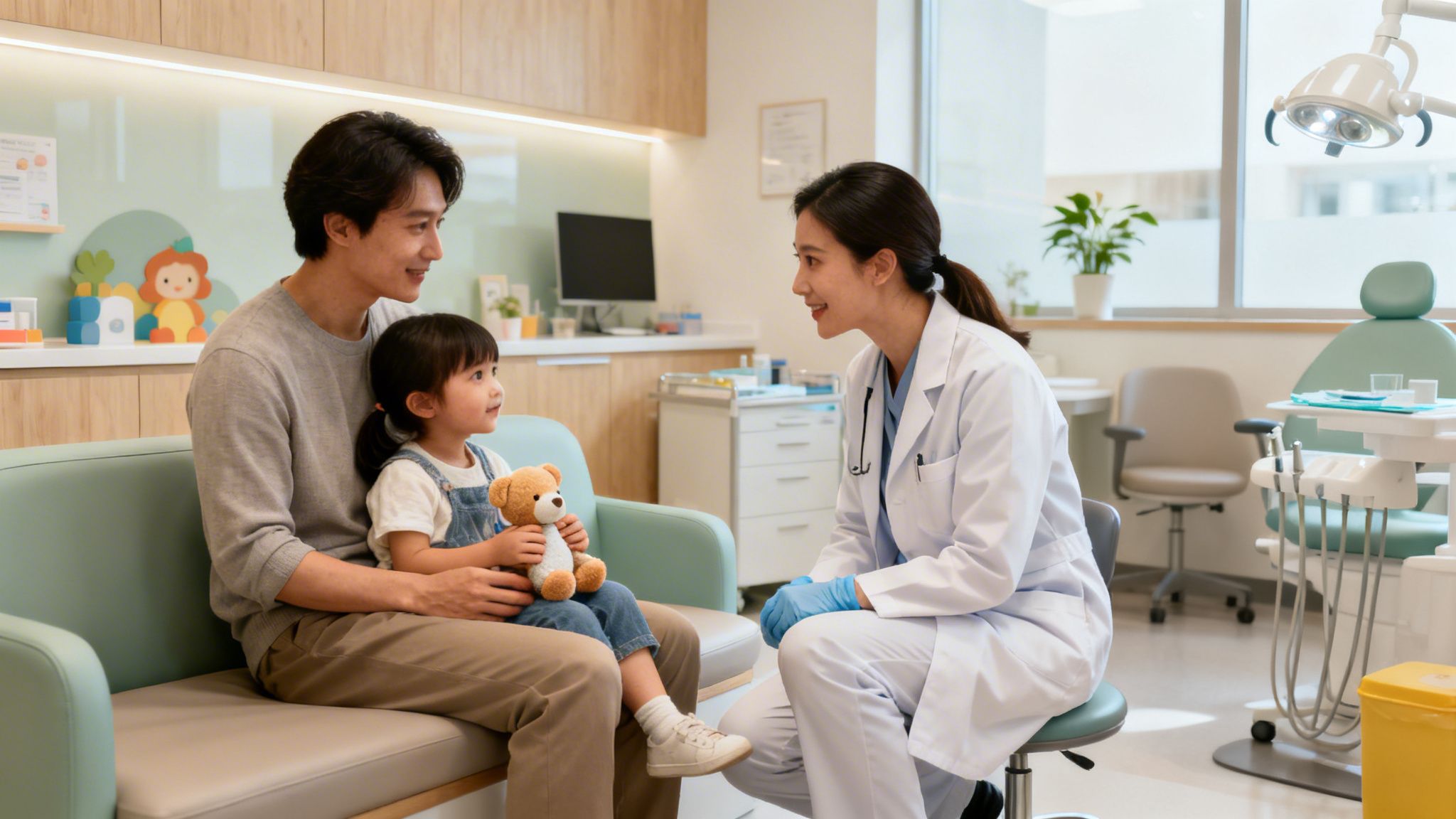 A male parent and his young daughter holding a teddy bear are talking to a female pediatric dentist.