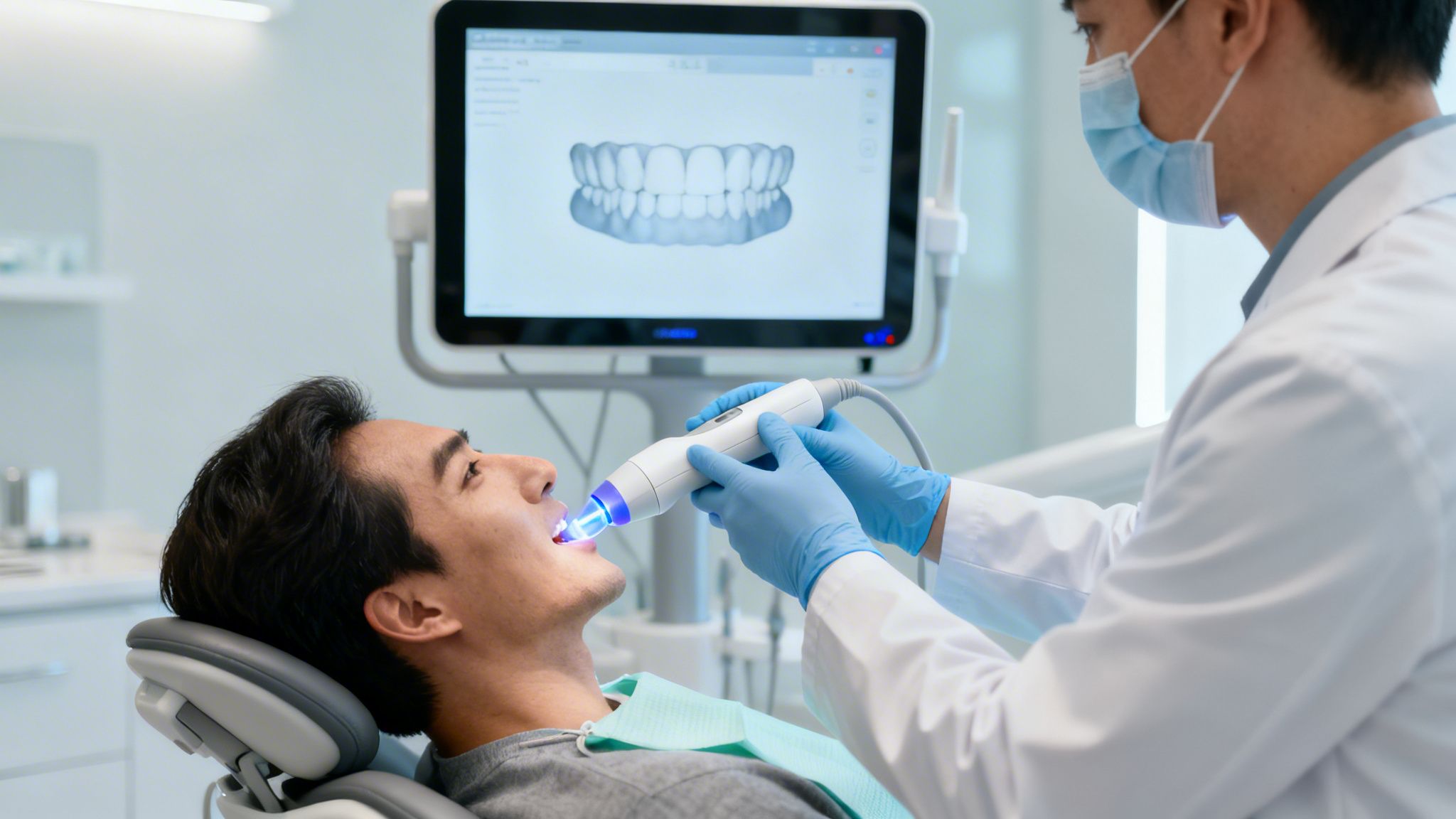 Dentist using an intraoral scanner on a patient, capturing a 3D dental image on screen.