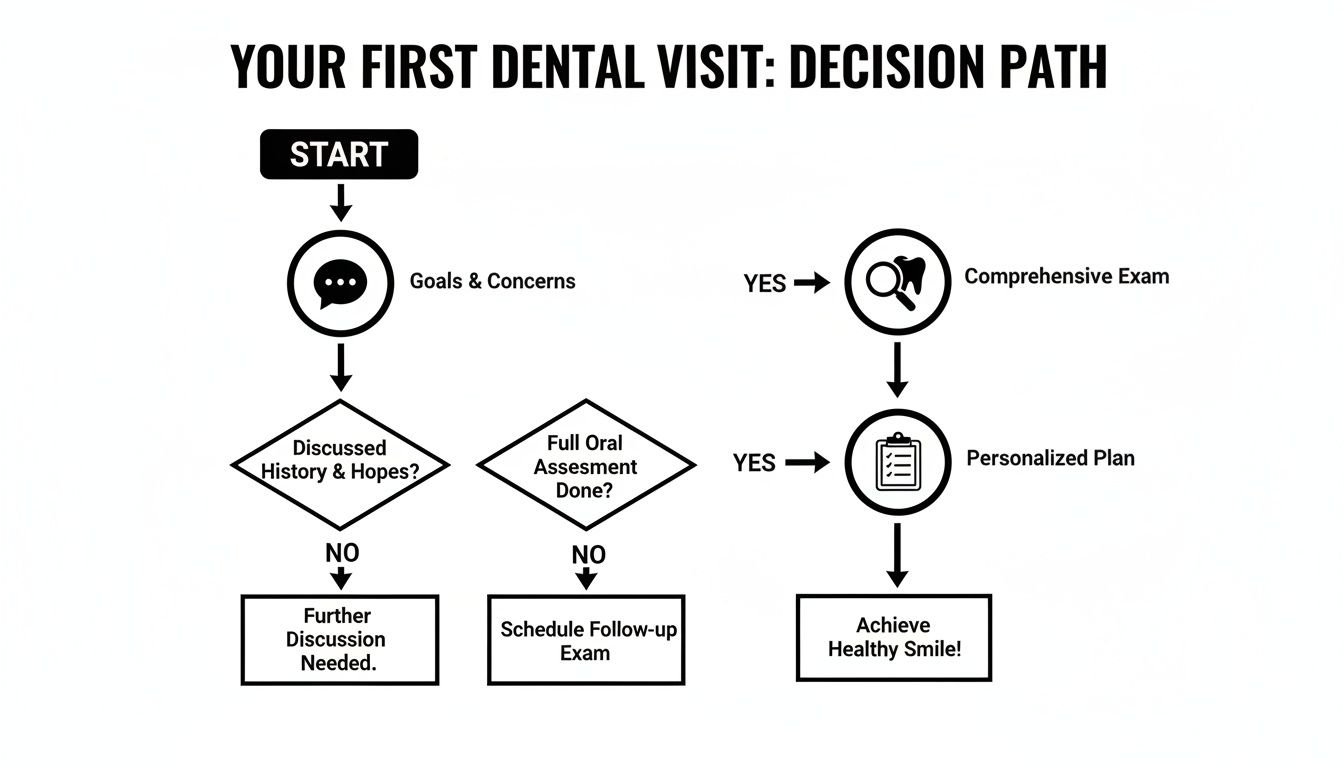 Flowchart illustrating the decision path for a first dental visit, outlining steps from start to a healthy smile.