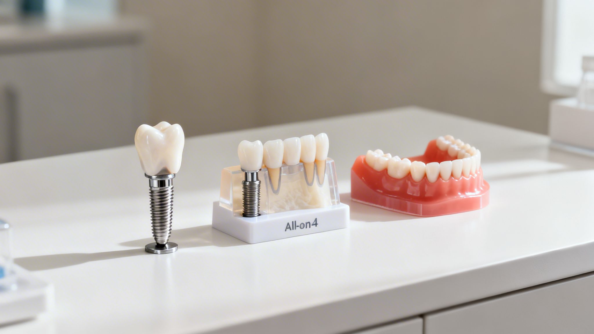 Various dental implant and prosthetic models displayed on a white surface in a dental office.