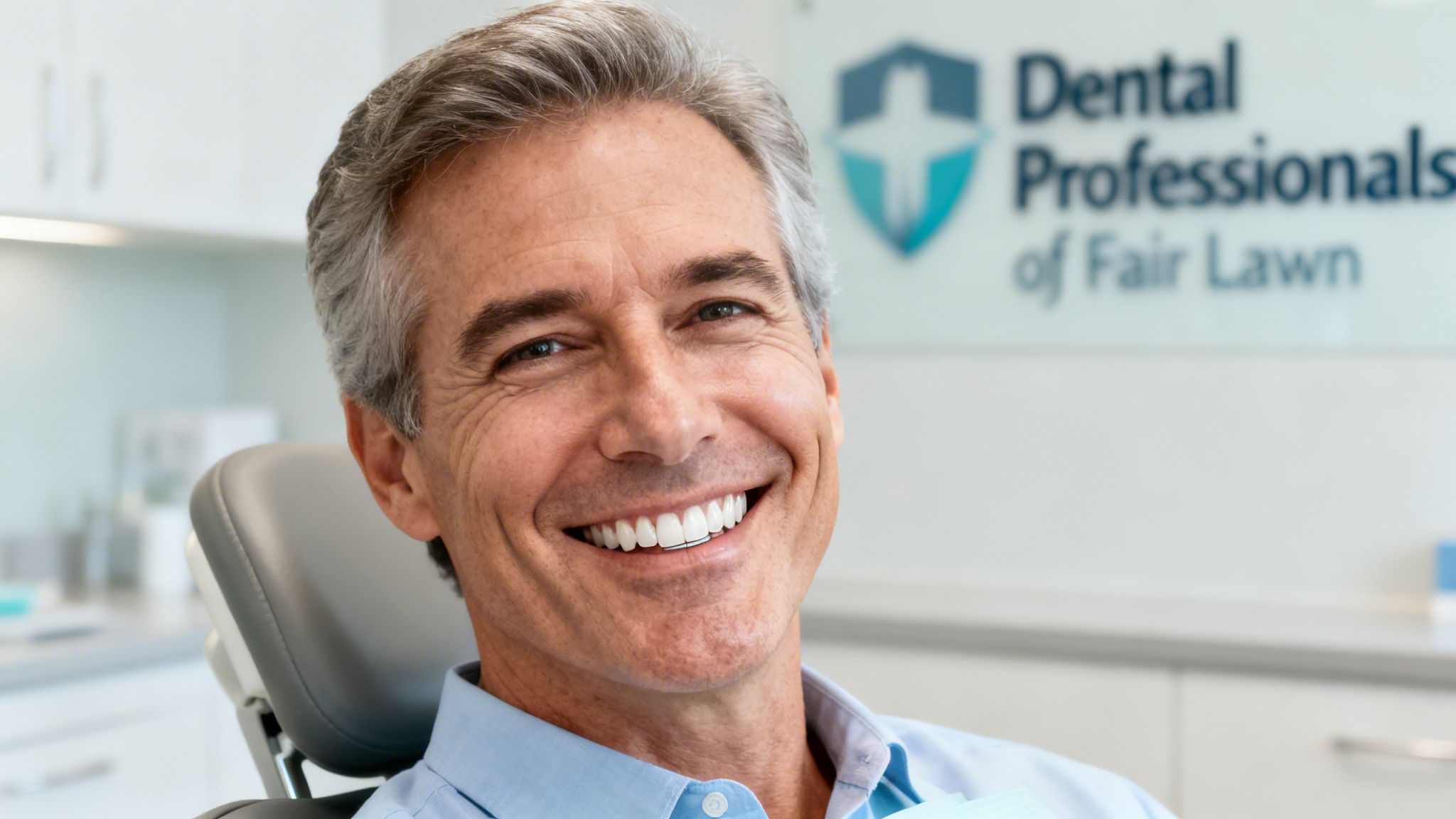 A happy middle-aged man with a bright, healthy smile sits in a dental chair, looking at the camera.