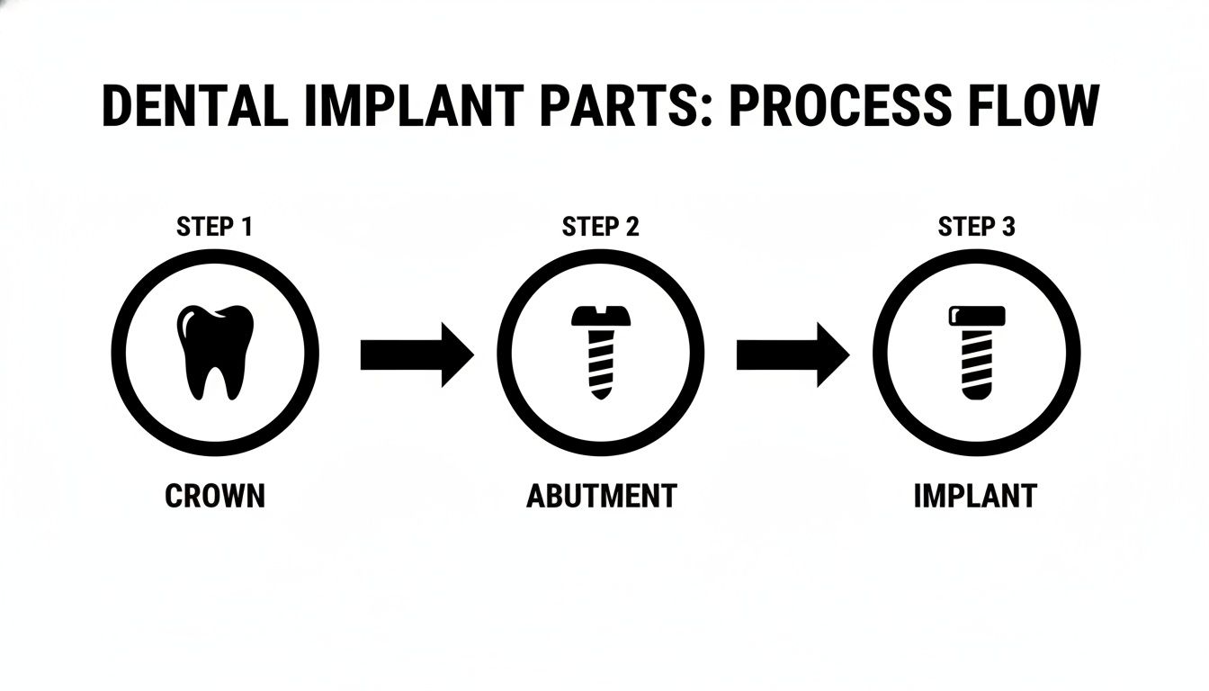 A diagram illustrating the three-step process flow of dental implant parts: Crown, Abutment, and Implant.