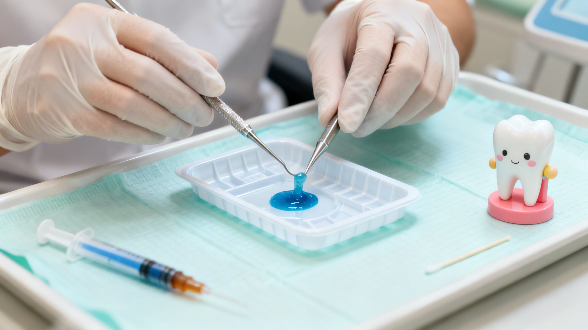 A dentist's gloved hands preparing blue dental material with tools, alongside a syringe and a cheerful tooth model.