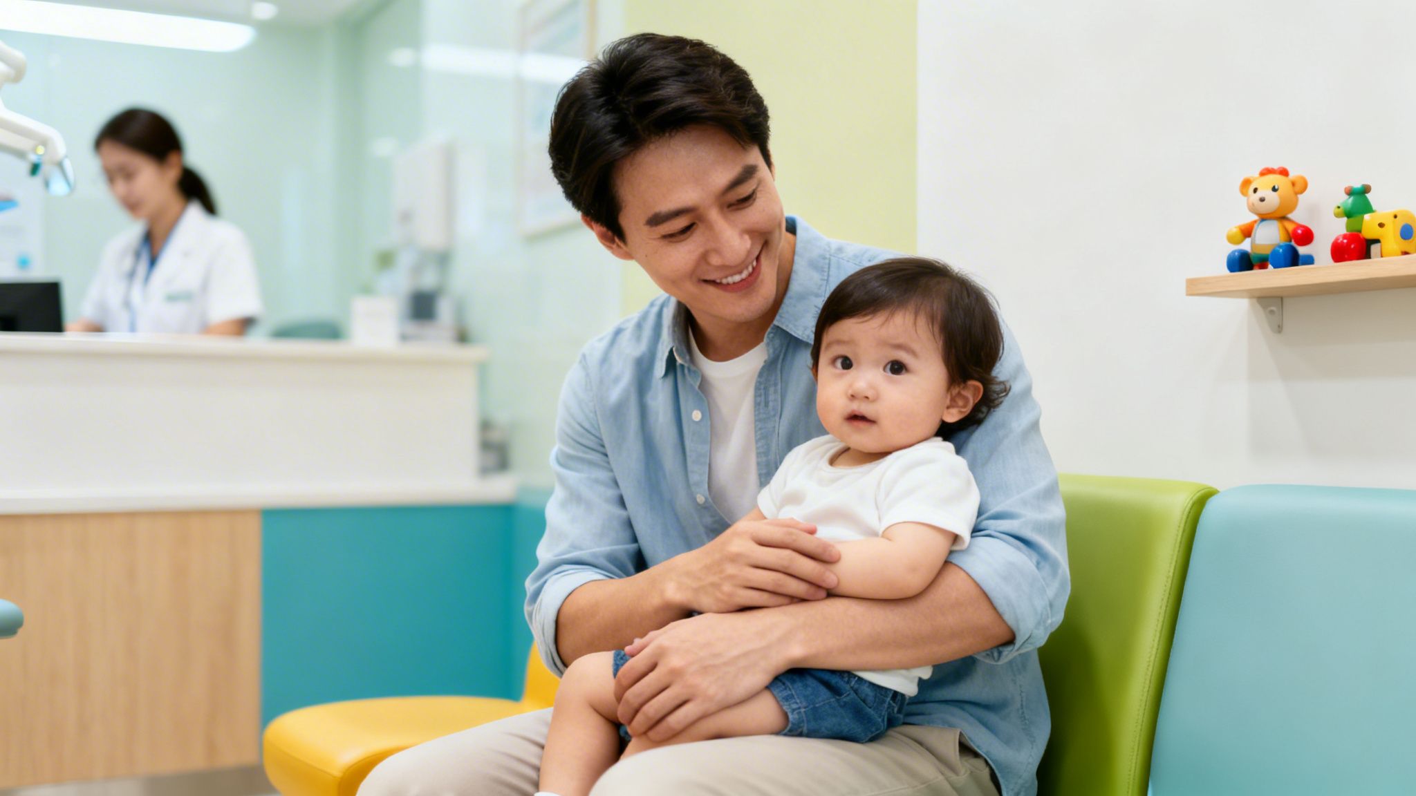 Smiling father holds his baby in a bright pediatric clinic waiting room with toys on a shelf.