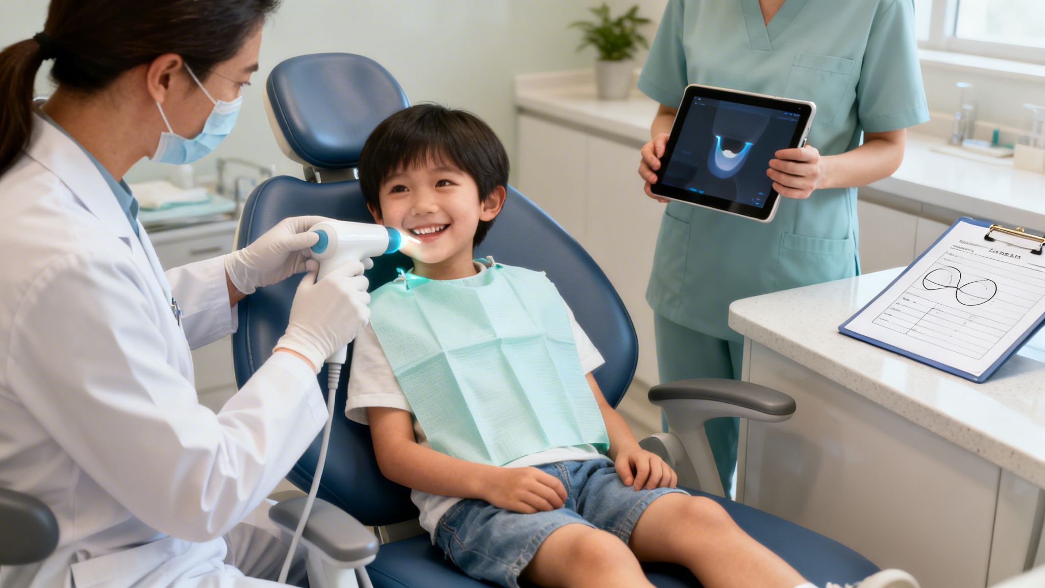A smiling boy in a dental chair getting his teeth scanned by a dentist, with an assistant holding a tablet.