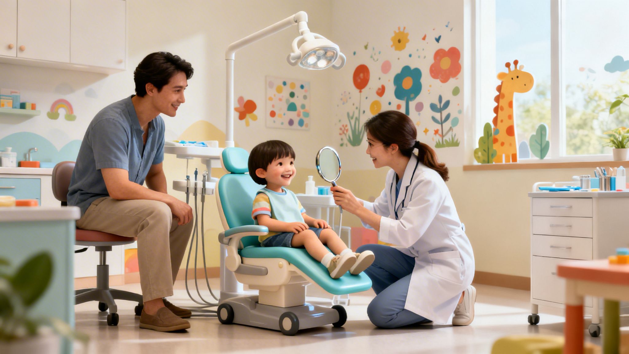 A pediatric dentist shows a mirror to a smiling child in a fun, colorful dental office with a parent.