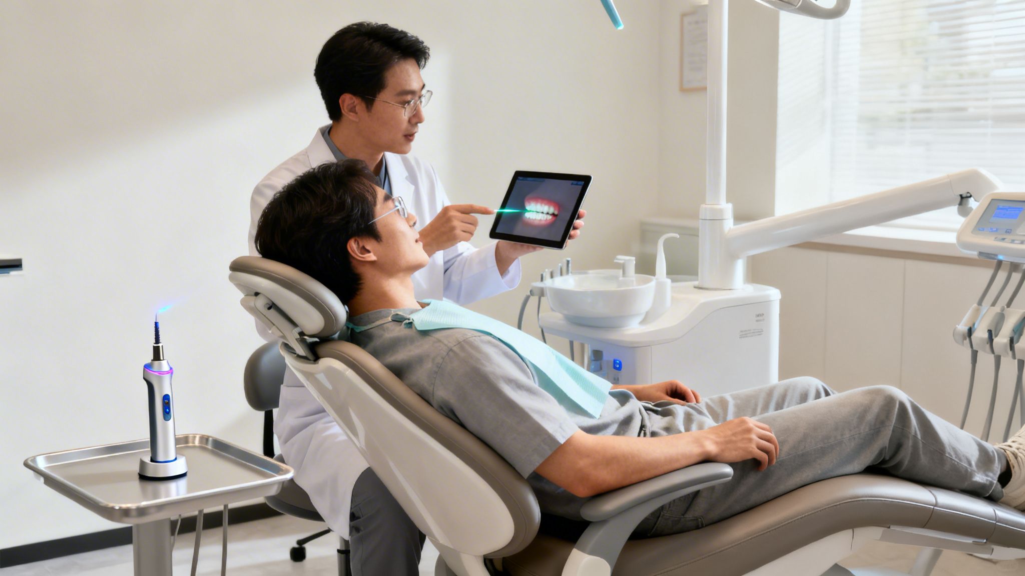 Dentist shows patient a digital tooth scan, discussing potential laser treatment options.