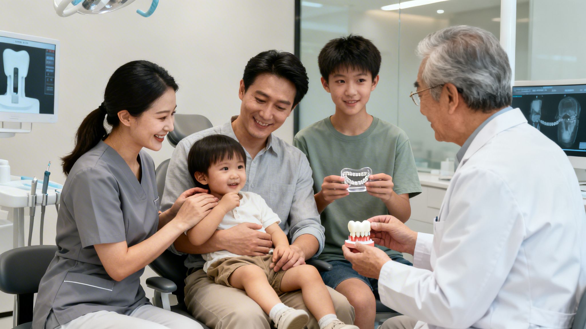 A happy family at a dental clinic, with a dentist explaining teeth models to children.