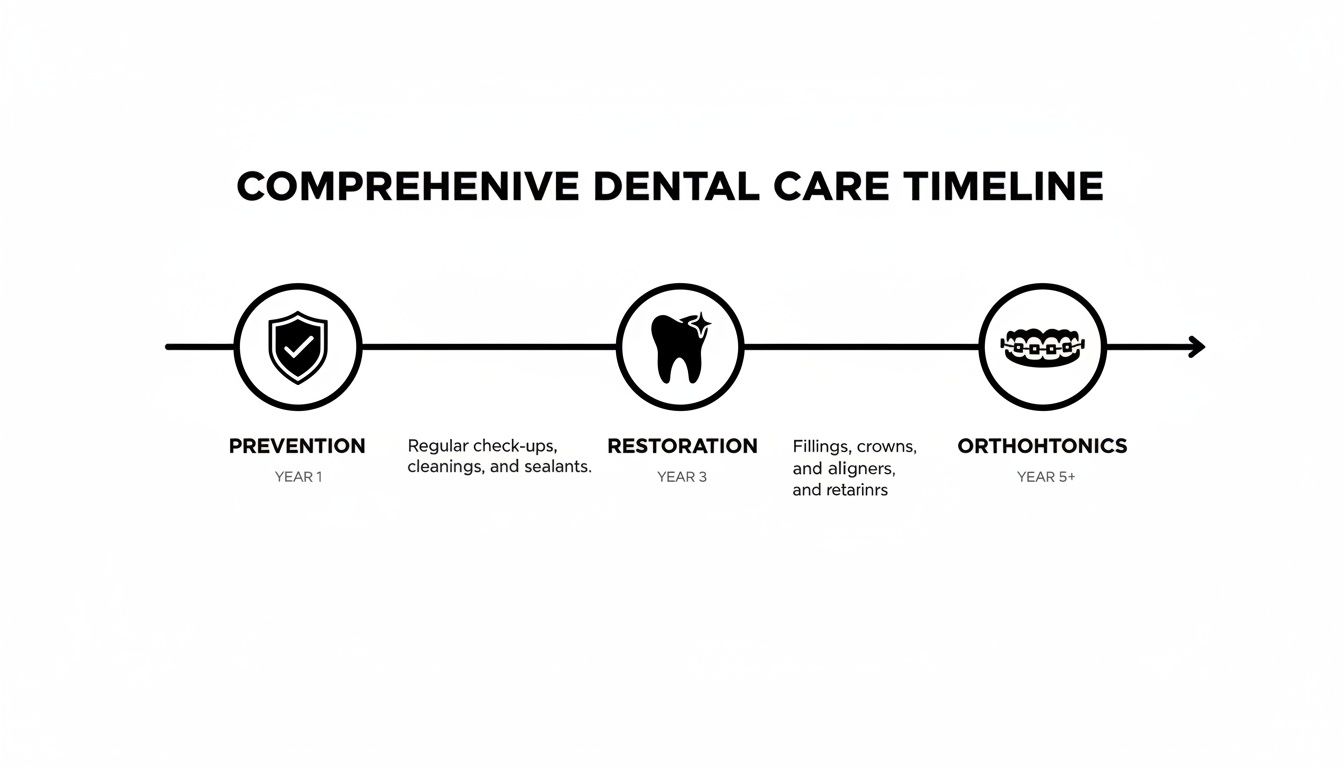 A comprehensive dental care timeline illustrating stages from prevention to restoration and orthodontics.