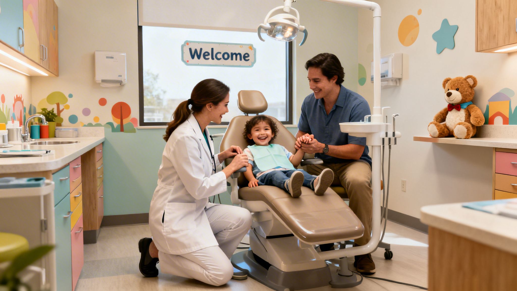 A cheerful child smiles in a vibrant pediatric dental office with a caring dentist and father.