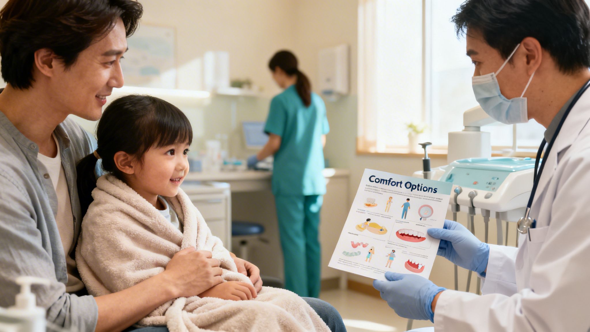 A pediatric dentist explains comfort options to a smiling young girl and her father in a clinic.