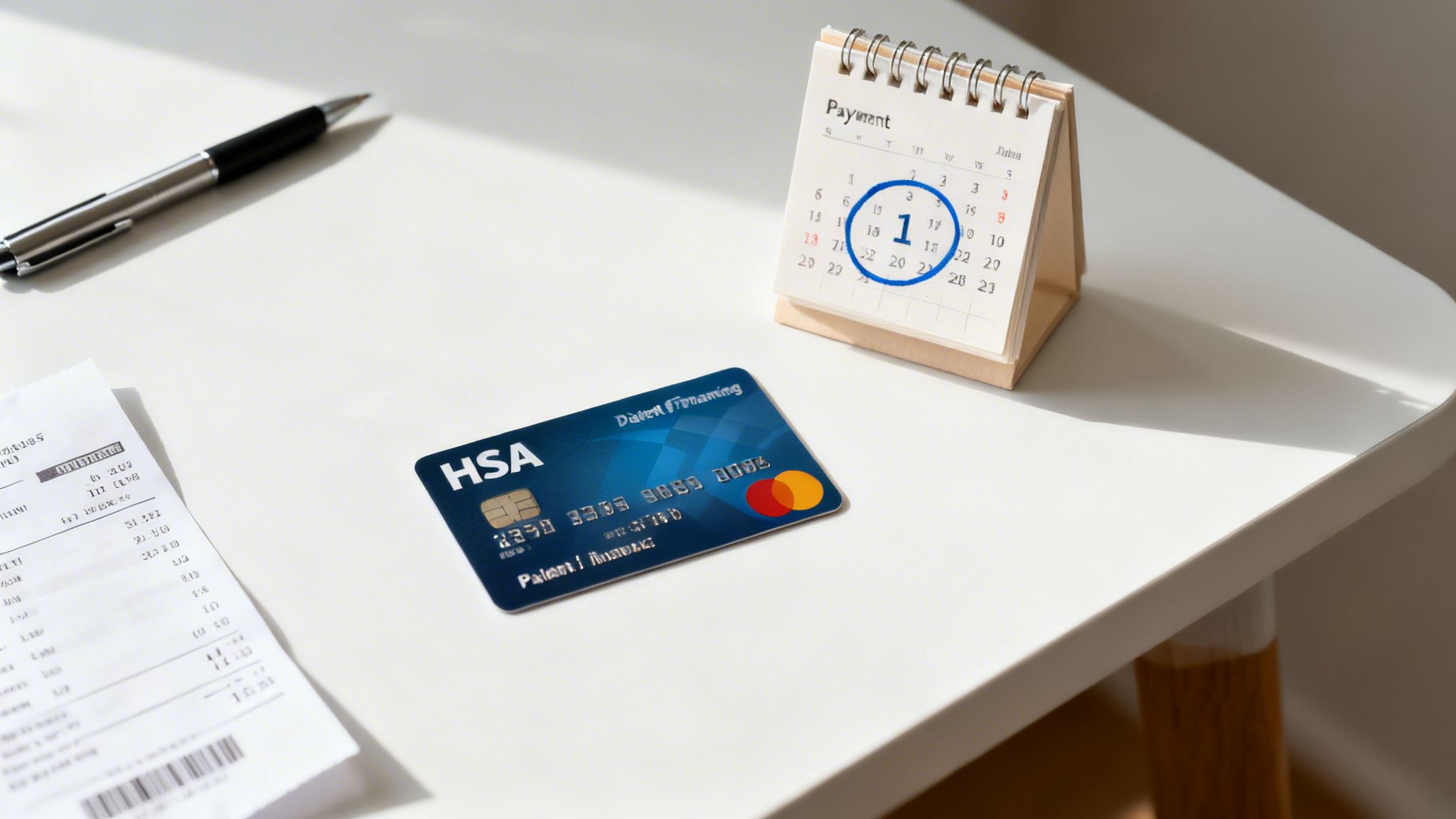HSA credit card with a payment calendar, pen, and receipt on a white desk.