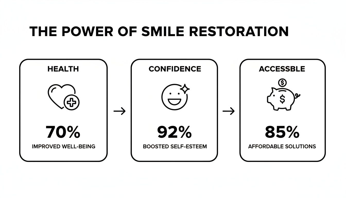 Infographic illustrating the power of smile restoration, showing benefits for health, confidence, and accessibility.