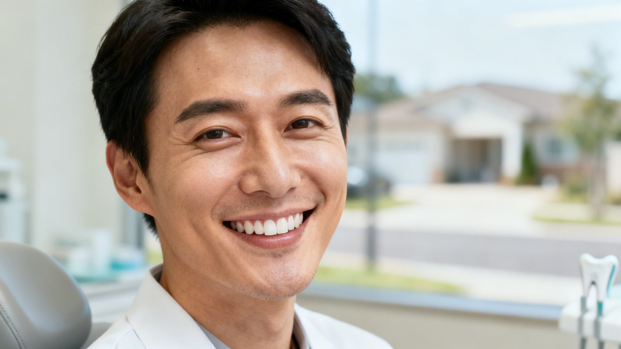 Smiling Asian man with bright, professionally whitened teeth, looking happy in a dental office.