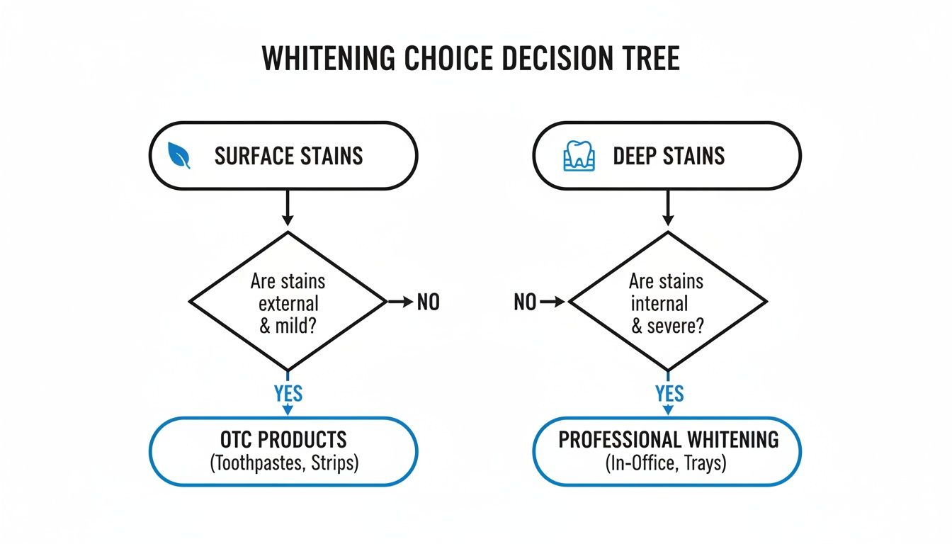 Decision tree guiding choices for teeth whitening: surface stains lead to OTC products, deep stains to professional treatments.