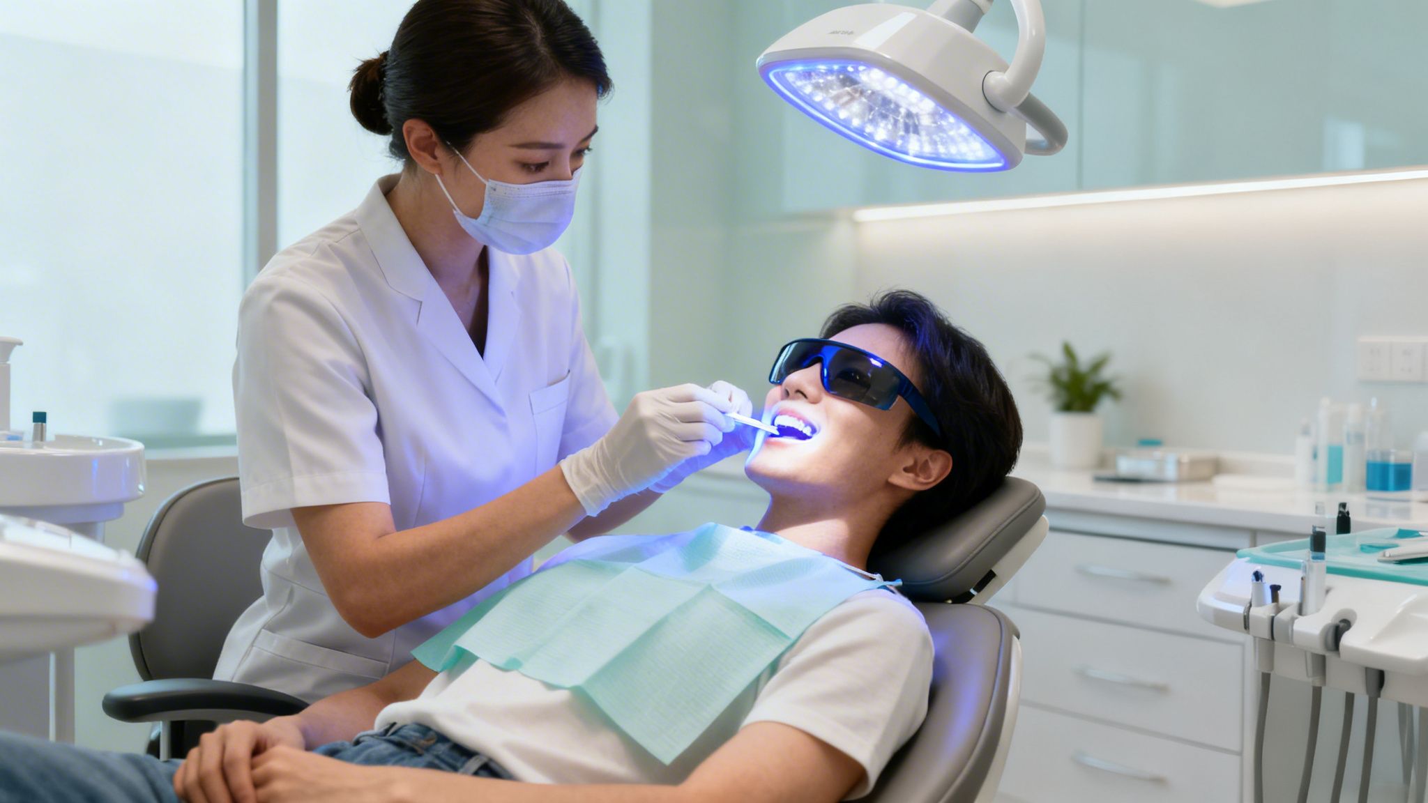 Dentist performs professional teeth whitening on a male patient in a modern dental office.