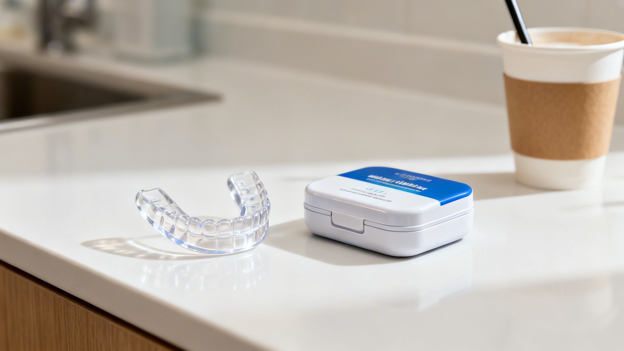 A clear dental aligner, its case, and a coffee cup sit on a modern white counter.