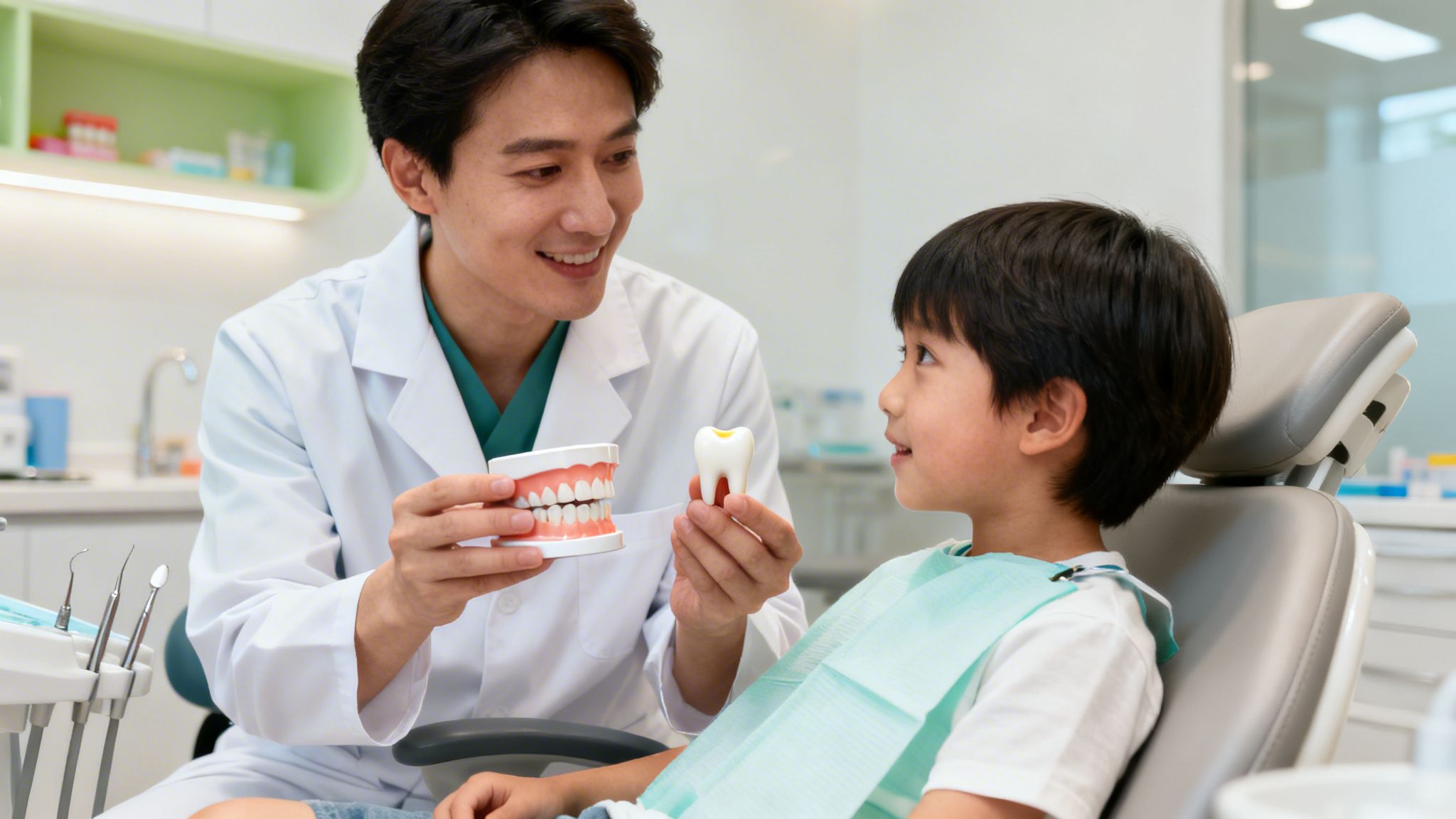 A smiling Asian male dentist shows dental models to a young boy in a dental chair.