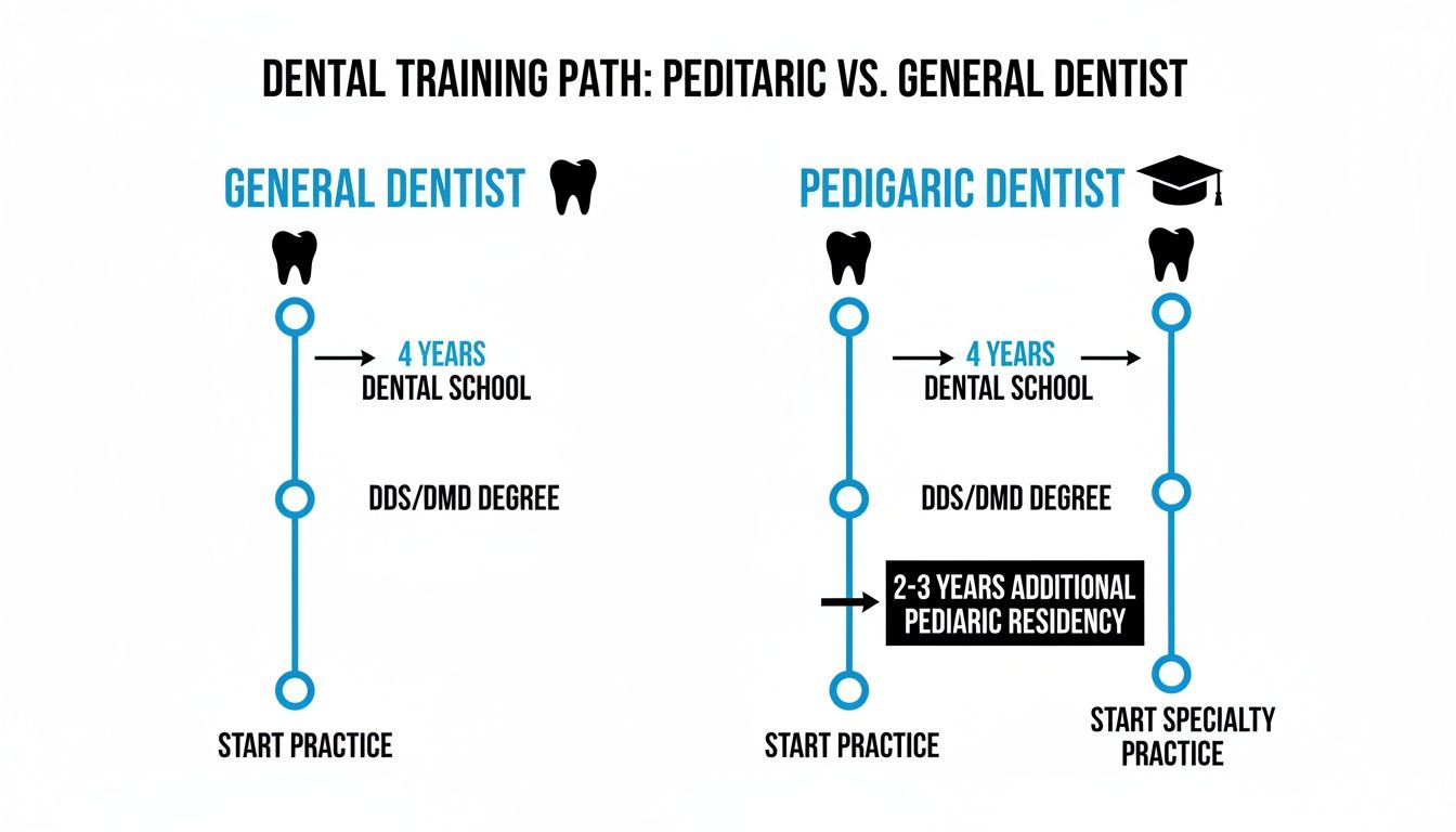 Infographic comparing dental training paths for general dentists and pediatric dentists, outlining school and residency.