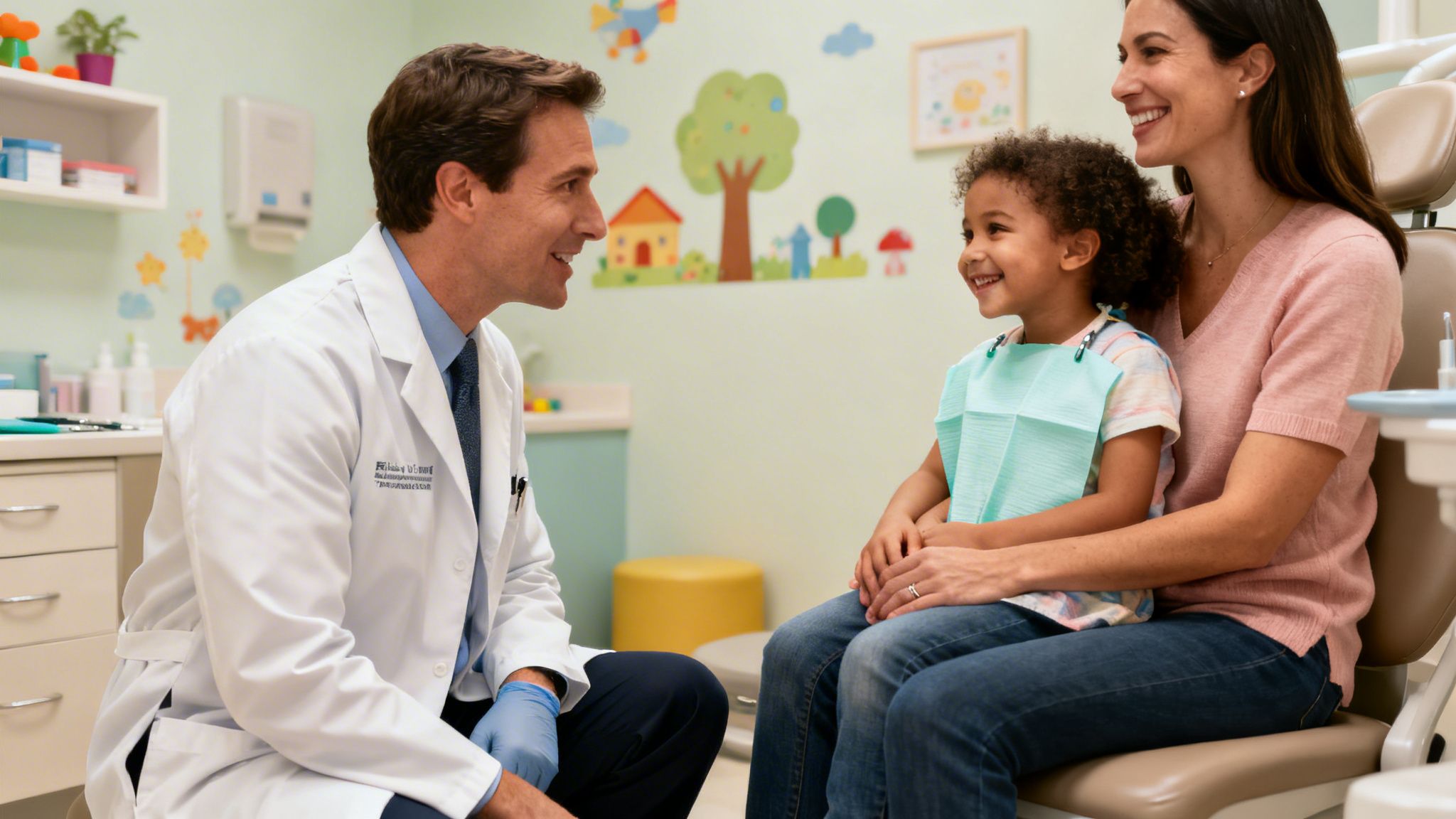 A smiling male dentist talks to a mother holding her happy child in a colorful pediatric dental office.