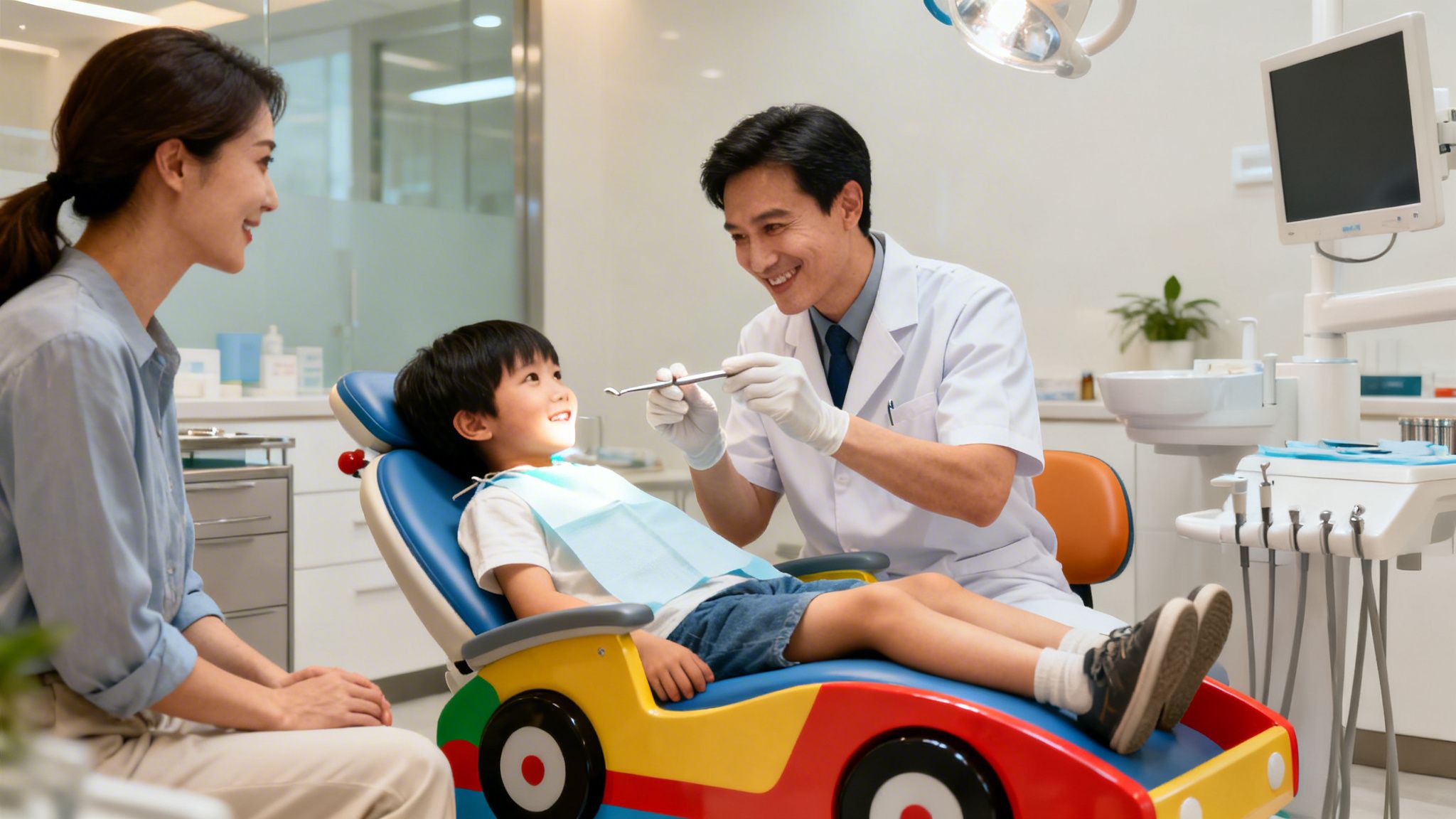 A friendly male dentist examines a smiling young boy in a colorful dental chair, with his mother watching.