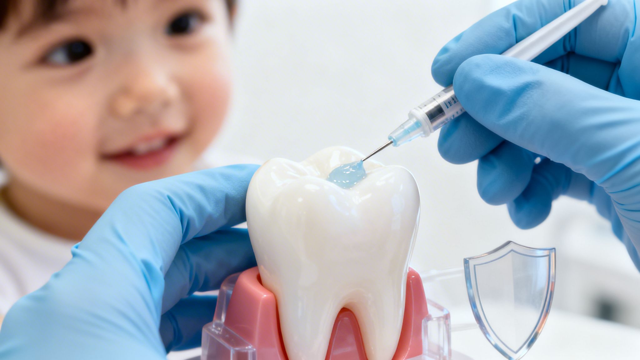 A dentist's gloved hands apply sealant to a tooth model, with a smiling child in the background, symbolizing pediatric dental care.