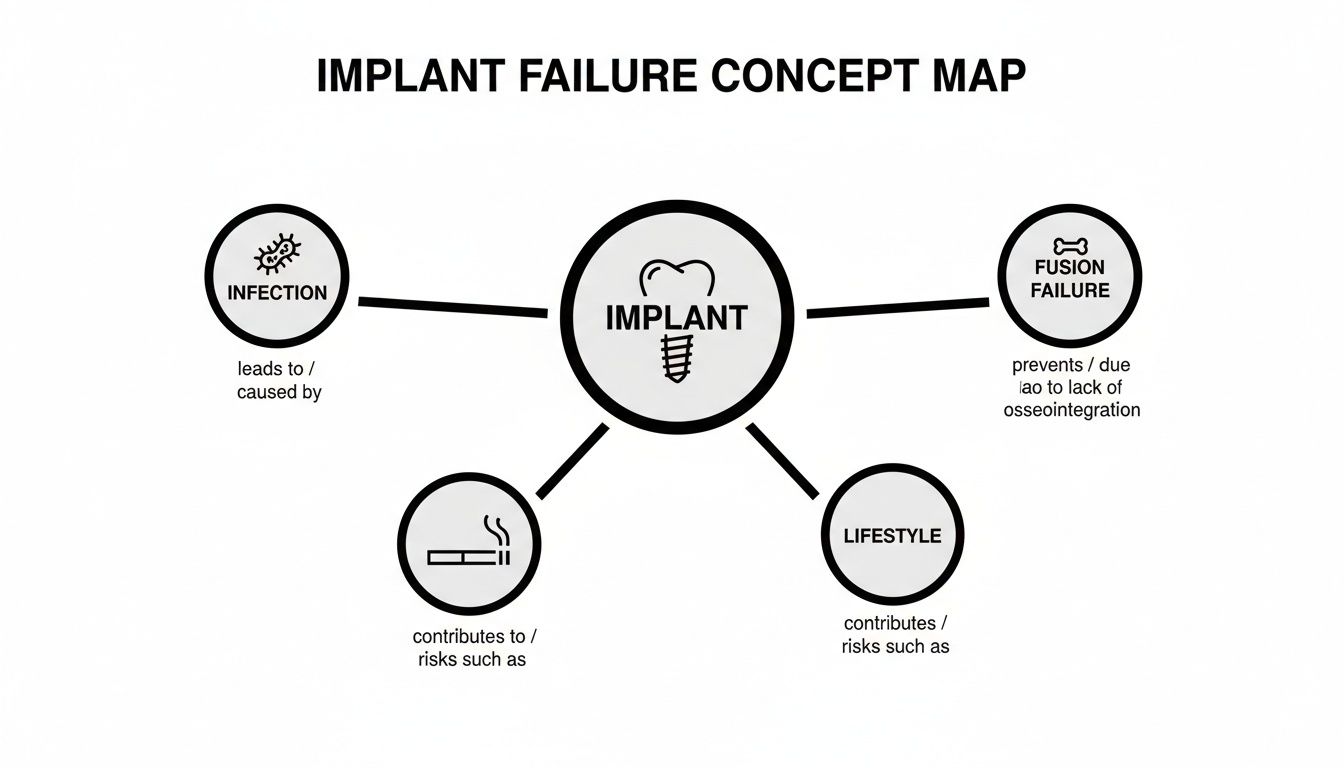 Concept map illustrating dental implant failure factors: infection, fusion failure, lifestyle, and smoking.