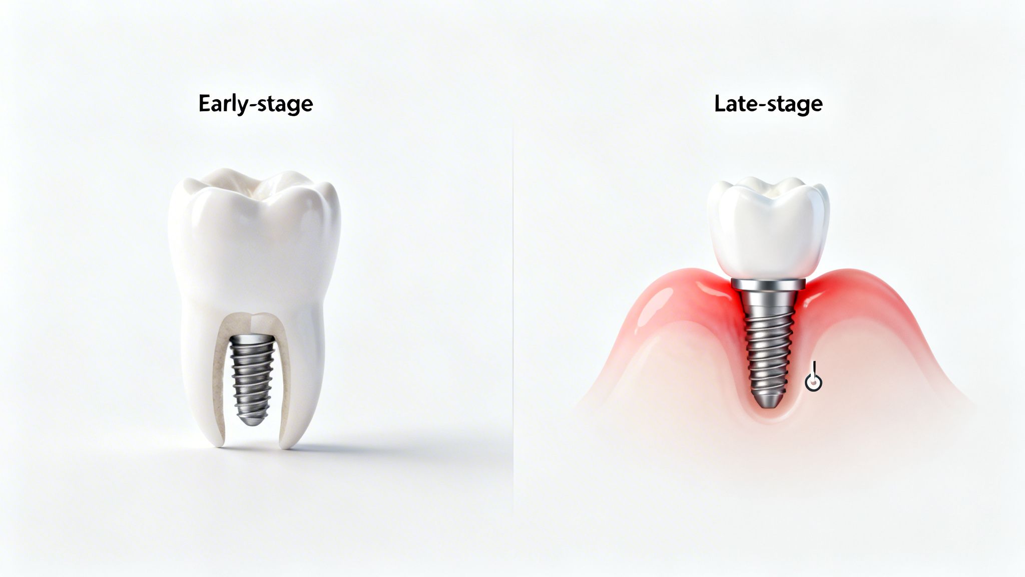 Visualizing healthy dental implant integration versus a failing implant with peri-implantitis and bone loss.