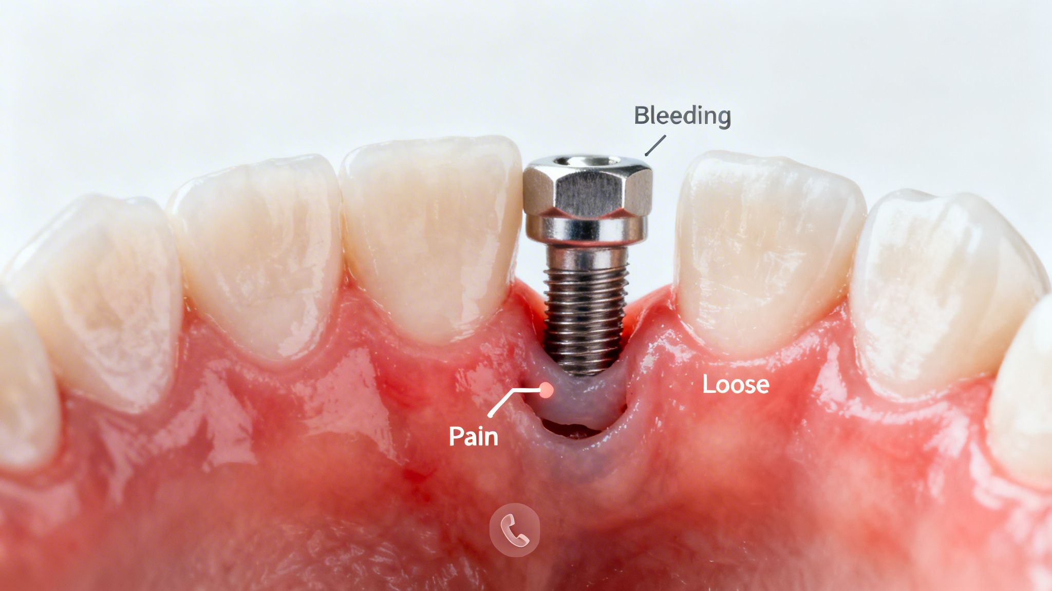 Close-up of a failing dental implant with visible screw, showing bleeding, pain, and looseness in the gum.