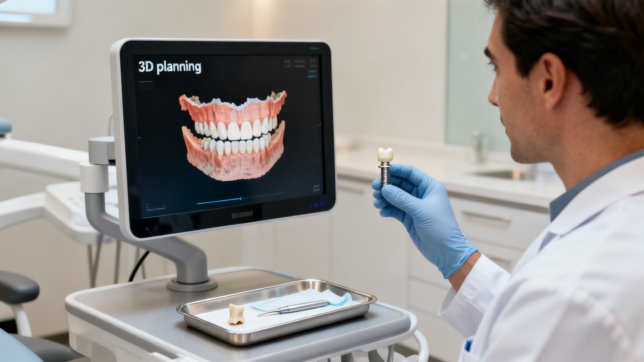Dental professional plans treatment with 3D scanning on a screen and holds a dental implant model.