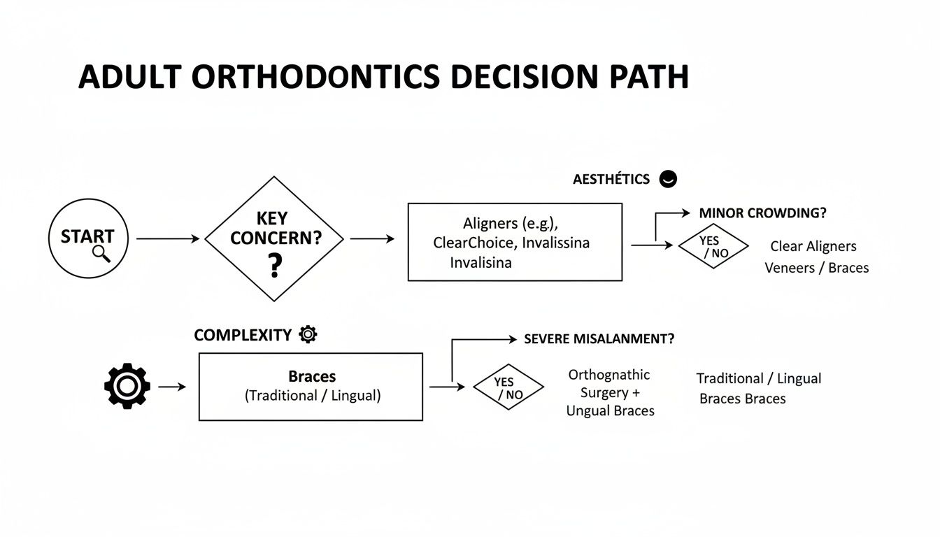 Adult orthodontics decision path flowchart comparing aligners for aesthetics and braces for complexity, with treatment options.