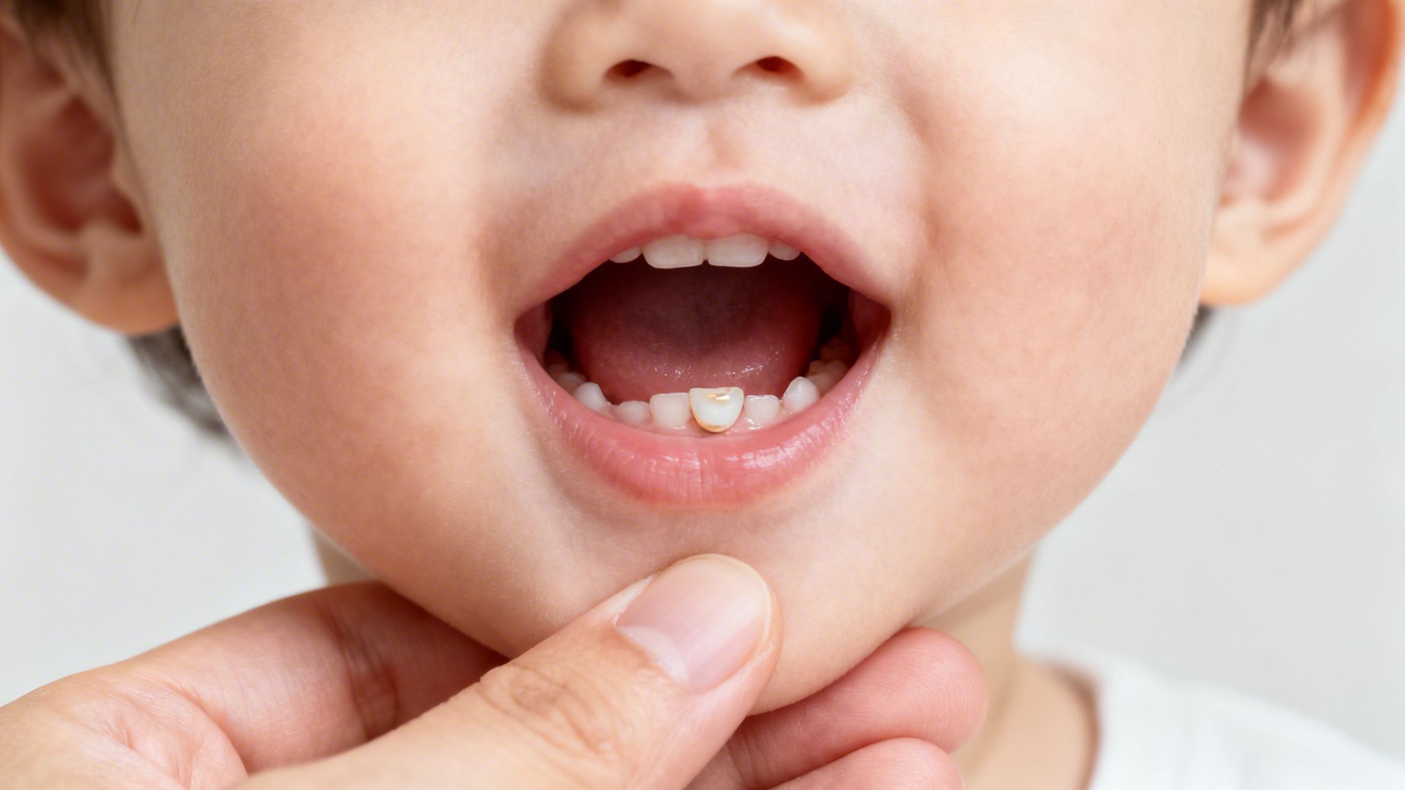 Close-up of a toddler's open mouth showing a lower tooth with a gold dental crown.