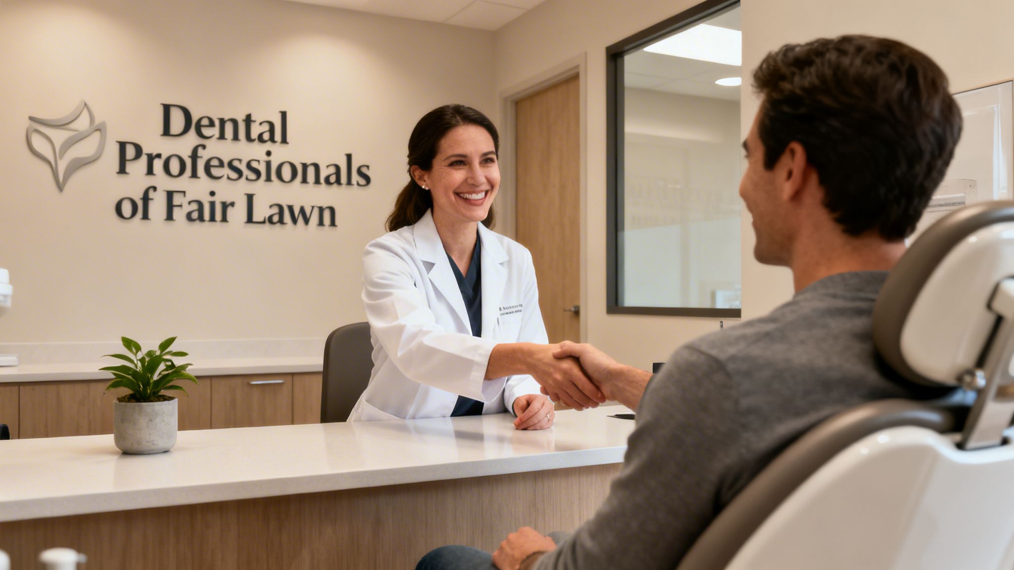 A smiling female dentist in a white coat shakes hands with a male patient in a modern dental office.