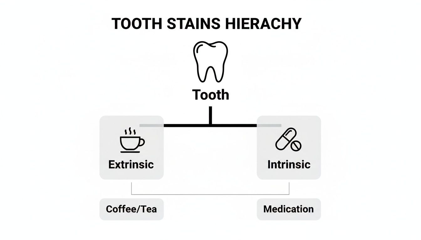 A hierarchy chart illustrating tooth stains, categorized into extrinsic (coffee/tea) and intrinsic (medication).