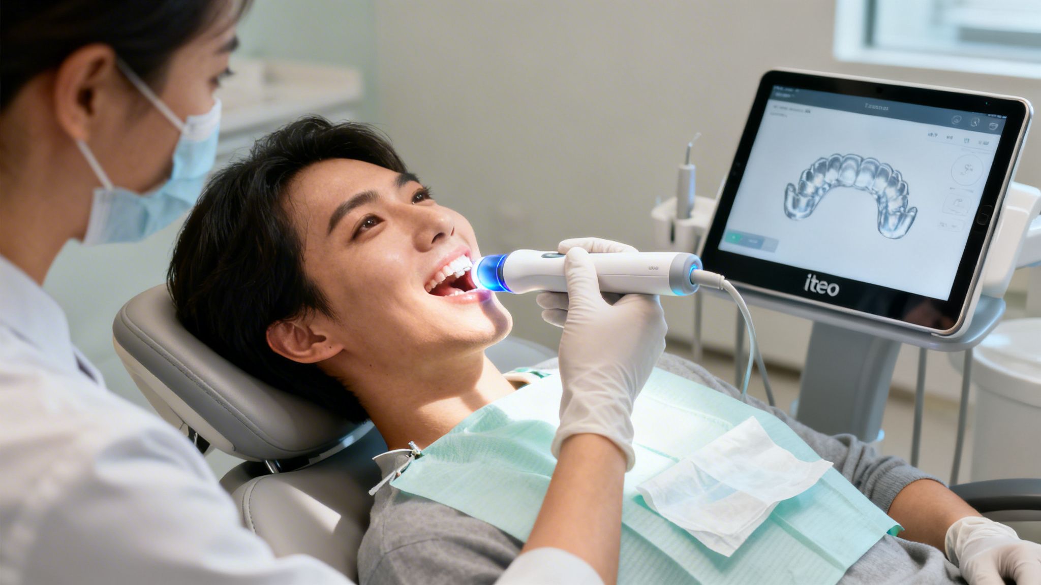 A dentist uses an intraoral scanner on a male patient's teeth, with a digital scan visible on a tablet.