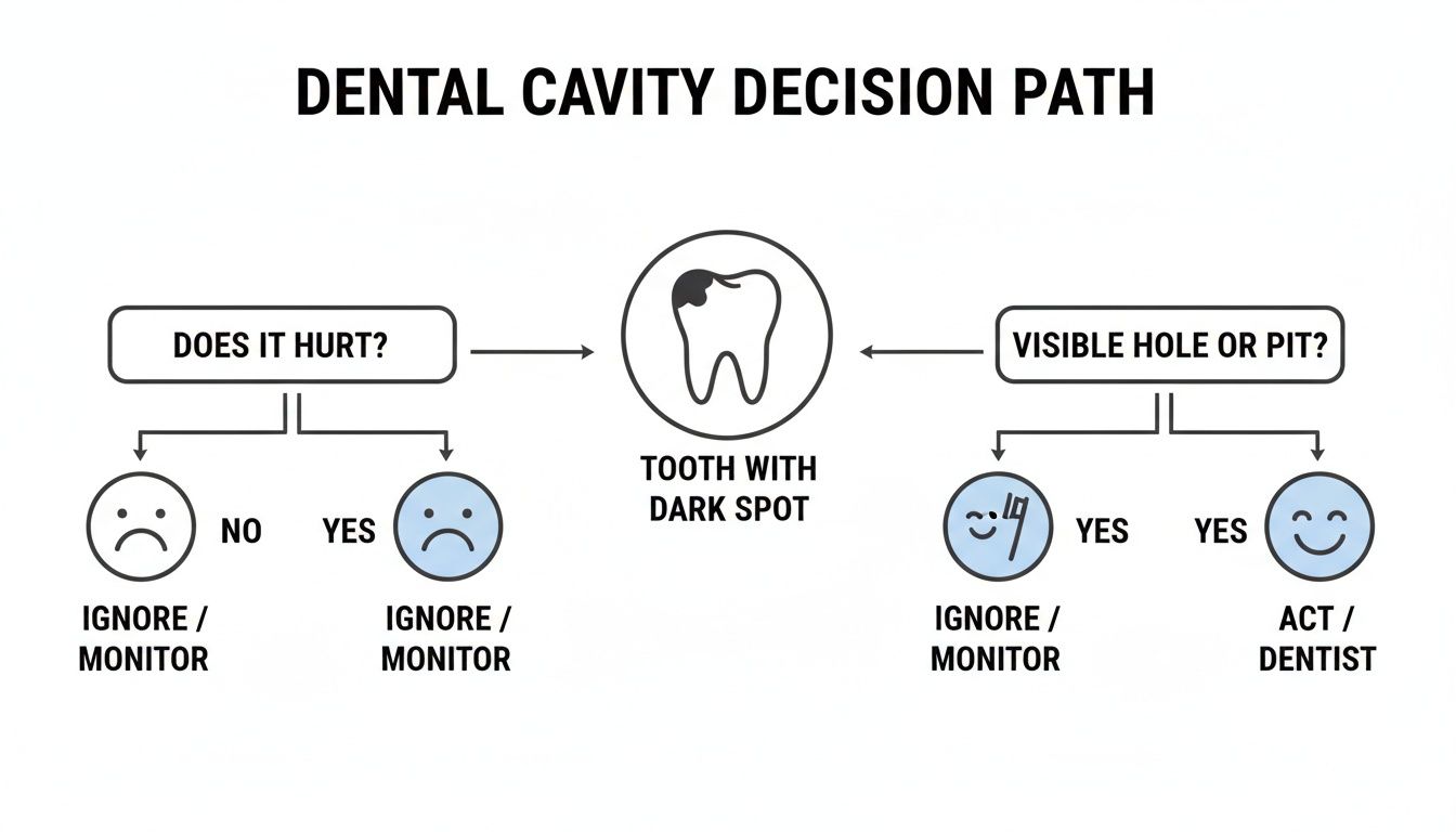Flowchart illustrating the dental cavity decision path based on a child's tooth pain and visible holes or pits.