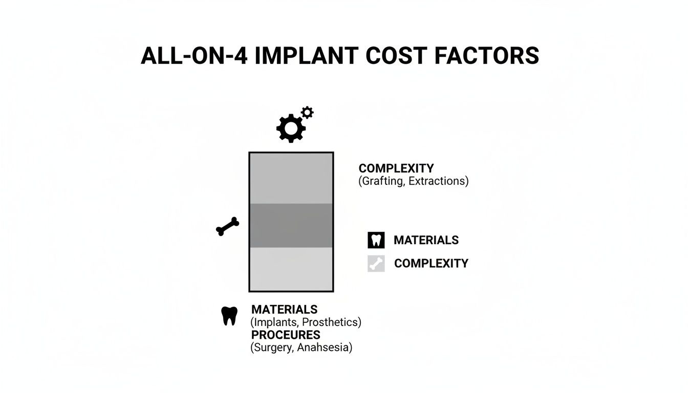 Infographic illustrating all-on-4 dental implant cost factors, including materials, procedures, and complexity from grafting and extractions.