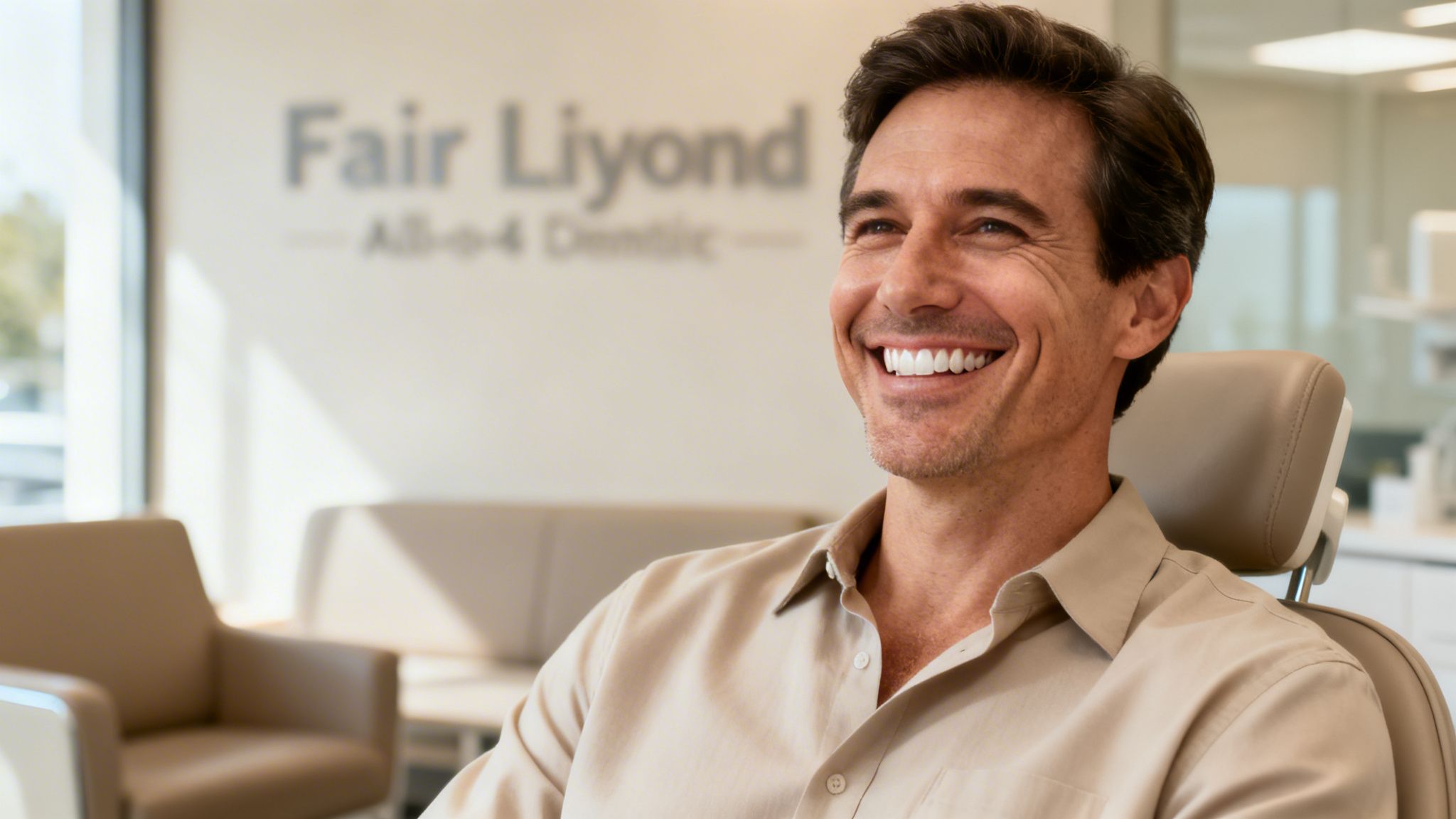 A happy man with a bright smile sits comfortably in a dental chair at 'Fair Liyond' clinic.