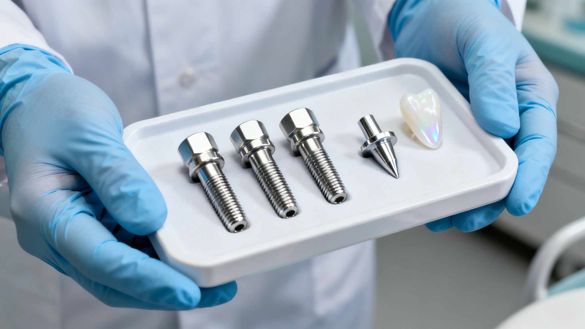 Close-up of gloved hands holding a tray with three metal dental implants and one ceramic tooth.