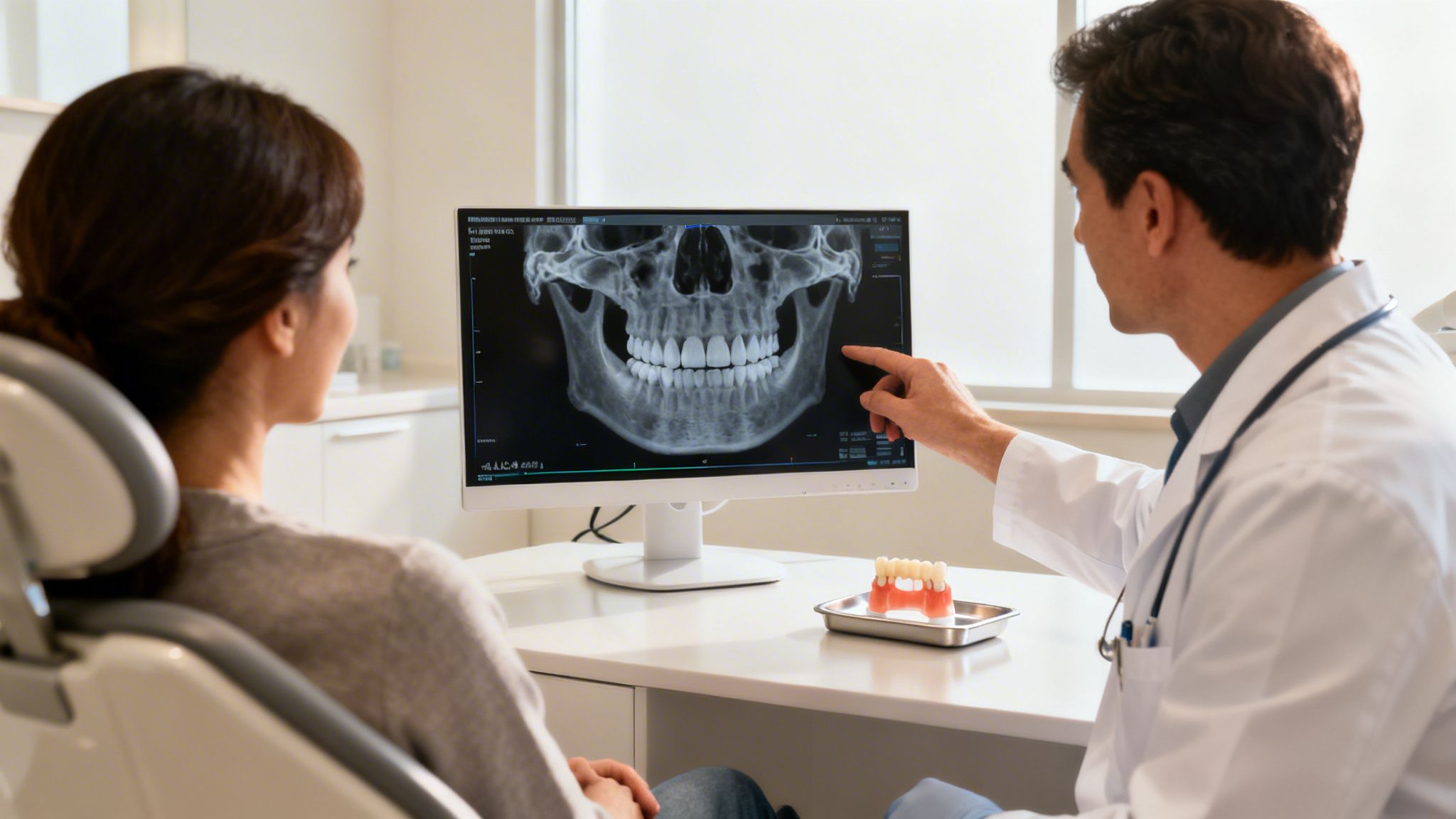 A male dentist explains a panoramic dental X-ray of a skull and teeth to a female patient.