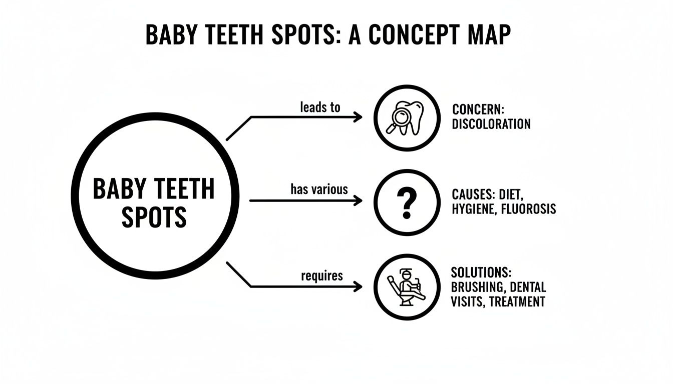 A concept map showing baby teeth spots, concerns like discoloration, causes, and solutions.