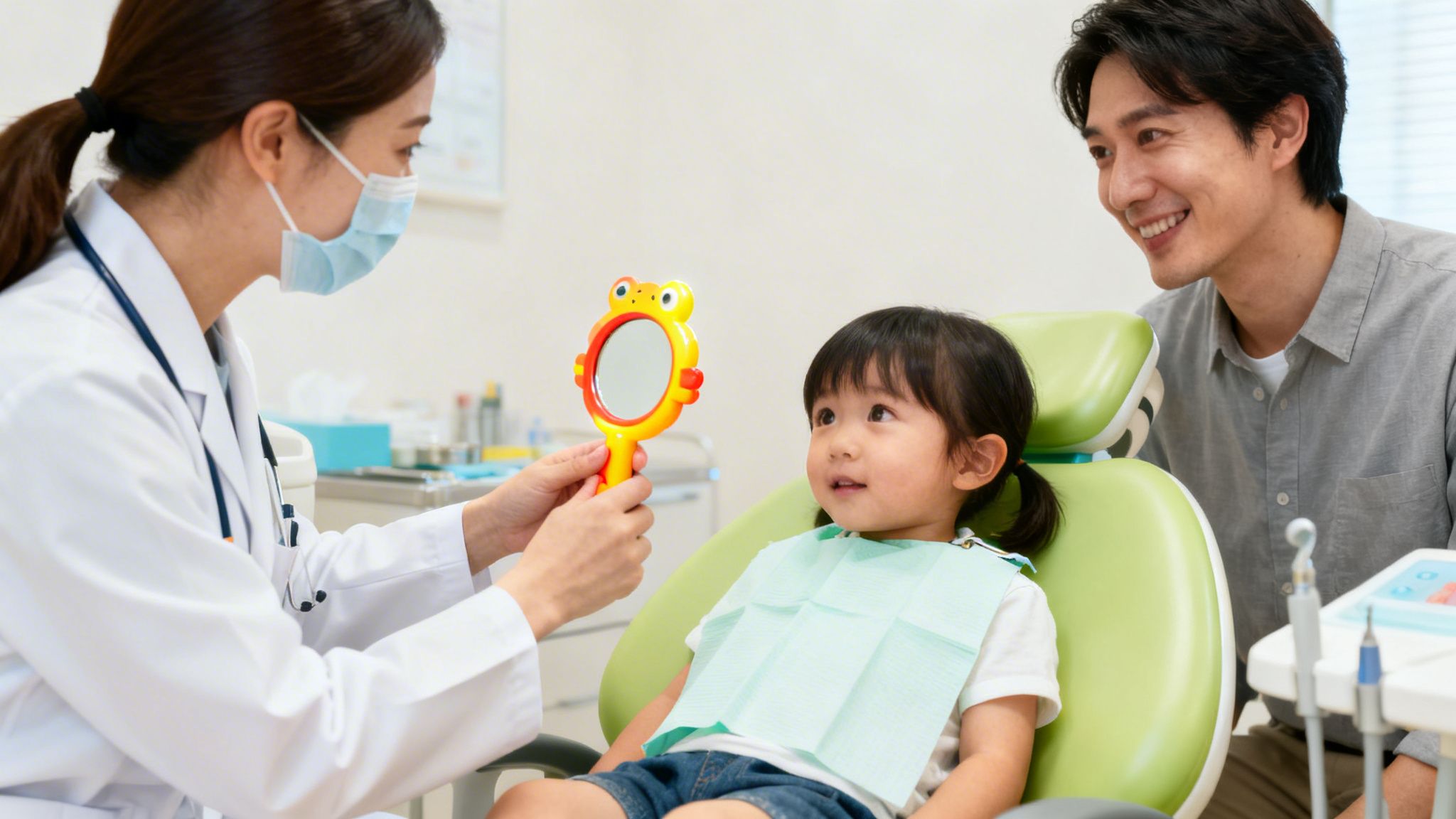 A female dentist in a mask shows a frog mirror to a smiling little girl in a dental chair, with her father.