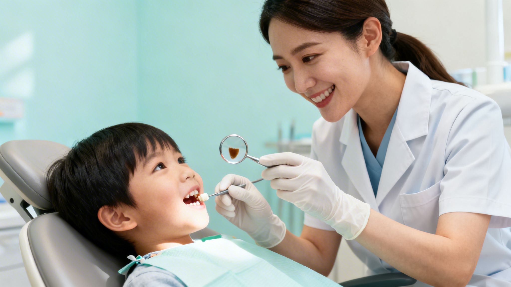 Smiling Asian dentist examines a young boy's teeth in a clinic, holding dental tools.