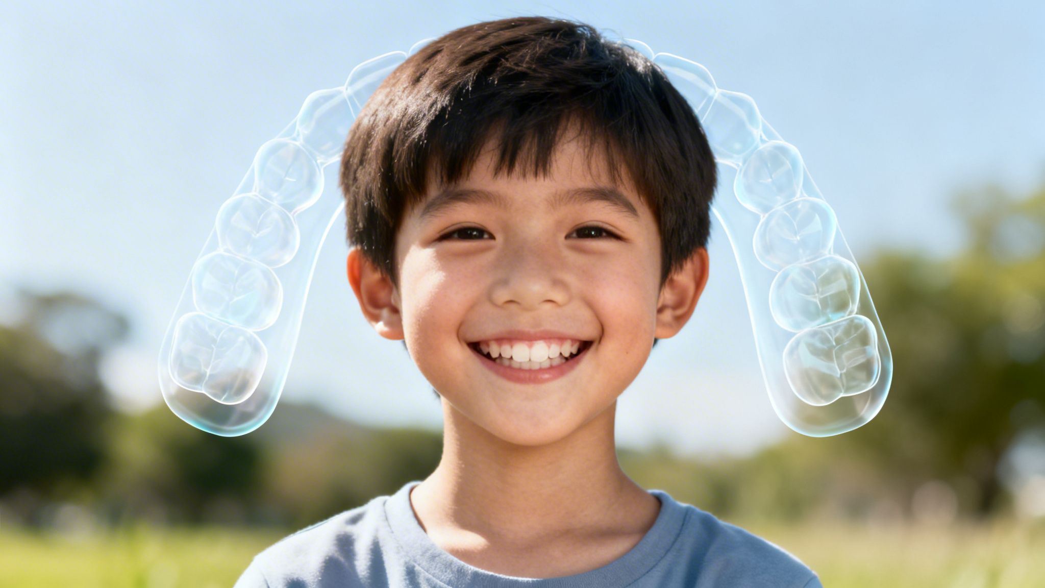 Smiling young Asian boy with glowing, translucent dental aligners around his head outdoors.