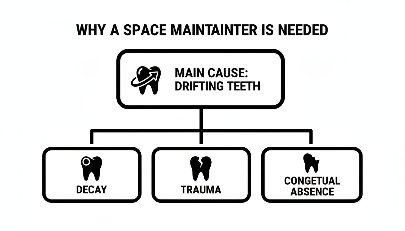 Flowchart illustrating why space maintainers are needed, showing drifting teeth caused by decay, trauma, or congenital absence.