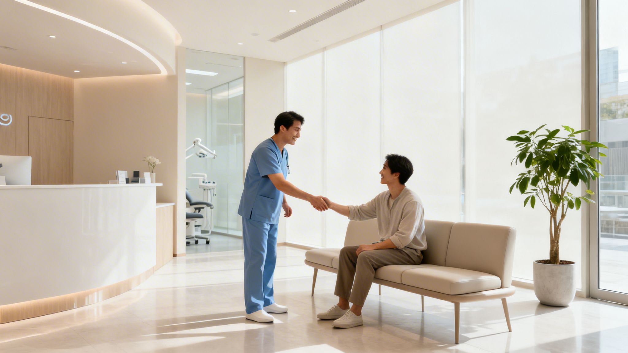 A male dentist in blue scrubs shakes hands with a male patient in a modern dental clinic.